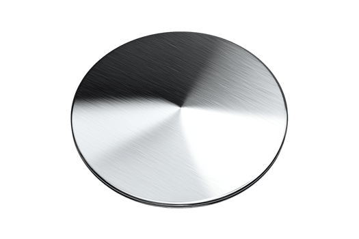 A polished circular metal disc with a reflective surface, showcasing a gradient of light and shadow across its smooth texture. png