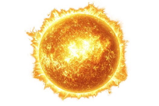 A radiant sun emits bright, fiery rays, showcasing its vibrant yellow and orange colors in a dynamic cosmic display. png