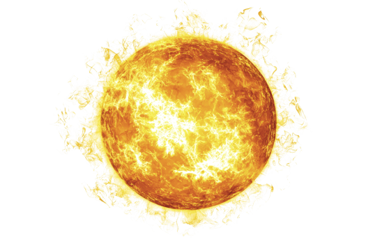 A vibrant, glowing sun emitting bright light and surrounded by fiery solar flares, symbolizing energy and warmth. png