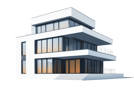 A modern, multi-level house featuring large windows and sleek lines, showcasing a contemporary architectural design. png