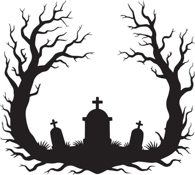 Spooky halloween cemetery silhouette with bare trees vector