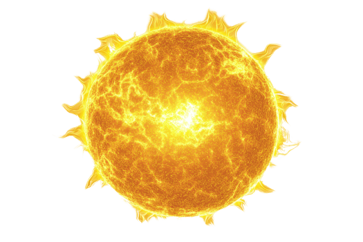A vibrant, glowing sun with radiating rays and intricate surface patterns, symbolizing energy and light. png
