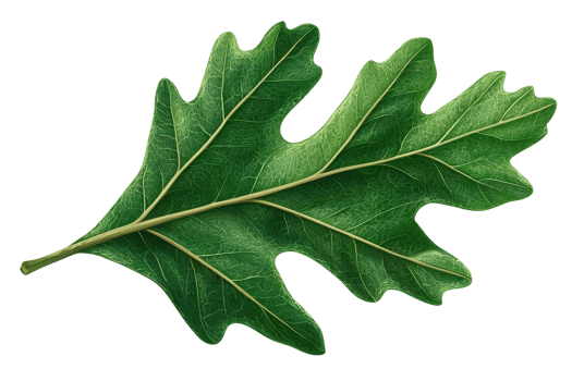 A vibrant green oak leaf with distinct lobes and veins, showcasing its natural texture and color. png