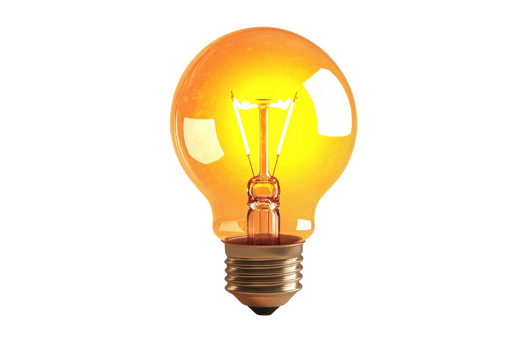 A glowing light bulb with a warm yellow hue, showcasing its filament and classic design. png