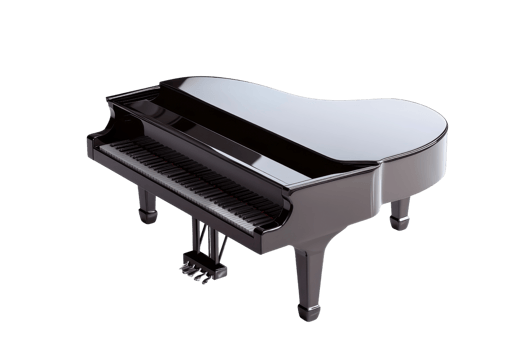 A sleek grand piano featuring a polished surface and classic design, showcasing its elegant curves and keys. png