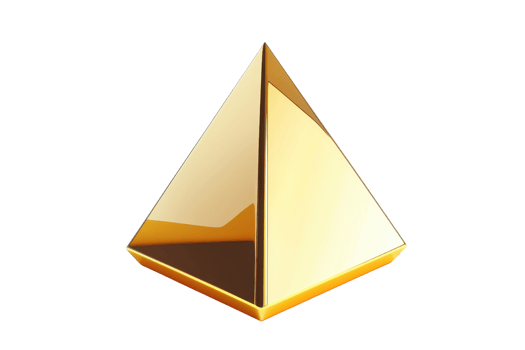 A shiny golden pyramid with smooth surfaces and sharp angles, reflecting light and creating a striking visual effect. png