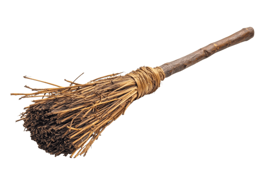 A traditional broom with a wooden handle and a bundle of straw bristles, commonly associated with cleaning or folklore. png