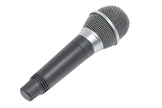 A sleek microphone with a textured grille and black handle, designed for clear sound capture in performances and recordings. png