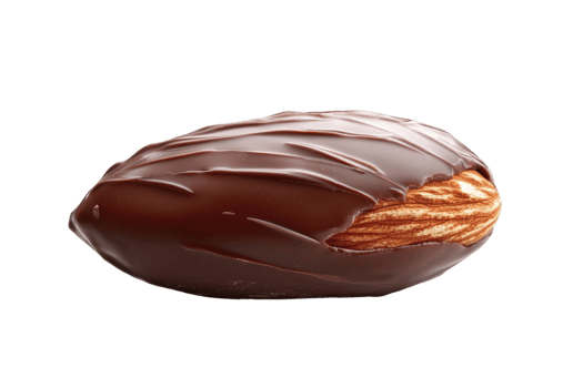 A glossy, chocolate-coated almond with intricate surface details, showcasing a rich brown hue and a toasted almond interior. png