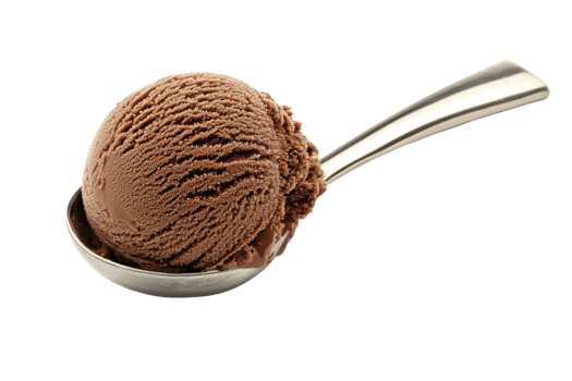 A scoop of rich chocolate ice cream served in a metal spoon, showcasing its creamy texture and inviting appearance. png