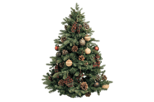 A decorated Christmas tree adorned with ornaments, pinecones, and festive accents, showcasing lush green foliage. png
