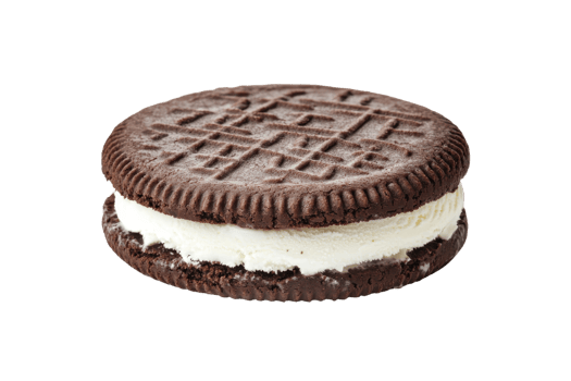 A chocolate sandwich cookie with a creamy filling, featuring a textured outer layer. png