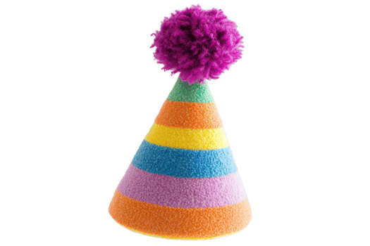 A colorful party hat featuring horizontal stripes and a fluffy pom-pom on top. png