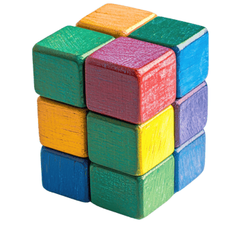 A colorful wooden cube puzzle featuring interlocking squares in various vibrant colors. png