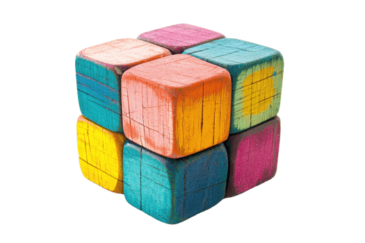 A colorful wooden cube puzzle featuring vibrant faces in pink, blue, yellow, and orange, showcasing a playful and engaging design. png