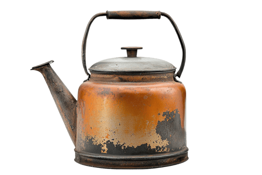 An aged kettle with a rustic, weathered appearance featuring a round body, spout, and handle, showcasing vibrant orange and muted gray tones. png