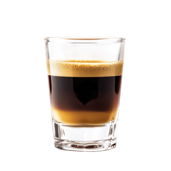 A glass of espresso showcasing rich layers of coffee, topped with a creamy foam. png