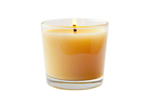 A simple, elegant candle in a clear glass holder, emitting a warm glow from its lit wick. png