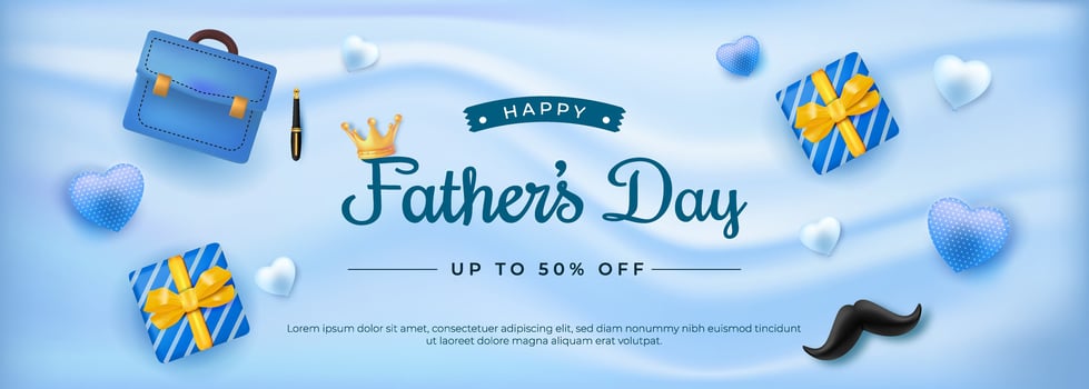Happy Fathers Day Promotion Banner with Gifts and Decorations on Blue Background vector