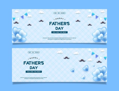 Set Blue Themed Fathers Day Banners with Balloons and Mustache Decorations vector