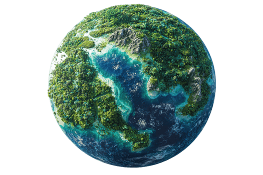 A vibrant, detailed depiction of a planet covered in lush greenery and blue waters, showcasing a rich and diverse ecosystem. png