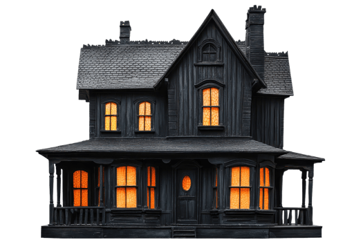 A dark, eerie house with glowing windows, featuring a steep roof and vintage architectural details. png