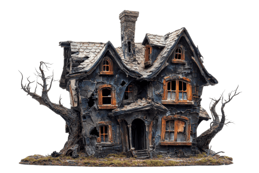 A spooky, old house with dark exterior, broken windows, and twisted trees surrounding it. png