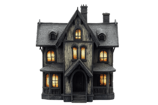 A dark, eerie house with illuminated windows, featuring intricate architectural details and a gothic design. png