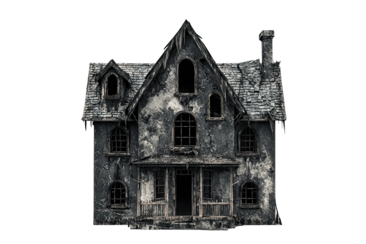 A dilapidated, haunted house with a dark, eerie appearance, featuring broken windows and a weathered facade. png