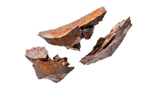Three irregularly shaped pieces of rusty metal with rough textures and varying colors of brown and orange. png