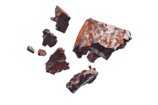 A collection of jagged, reddish-brown rock fragments exhibiting a rough, textured surface and varying sizes. png