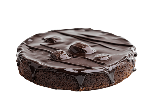 A rich chocolate cake with glossy ganache drizzled on top, featuring a smooth surface and decorative chocolate pieces. png