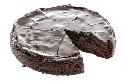 A rich chocolate cake with a glossy surface, featuring a slice removed to reveal its moist interior. png