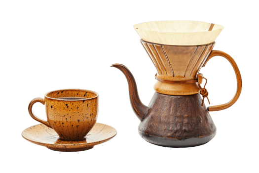 A ceramic coffee pot and cup set, showcasing earthy tones and a rustic design, perfect for brewing and enjoying coffee. png