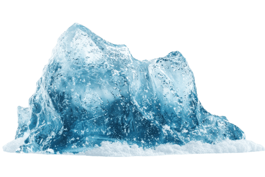 A clear ice sculpture resembling a small iceberg, showcasing intricate textures and a vibrant blue hue. png