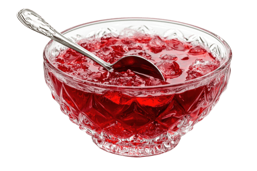 A glass bowl filled with vibrant red jelly, accompanied by a silver spoon. png