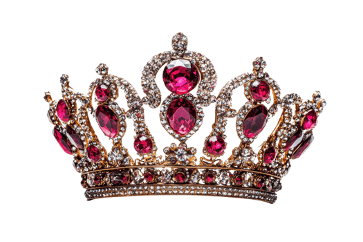 A luxurious crown adorned with sparkling gemstones in shades of pink and surrounded by intricate gold detailing. png