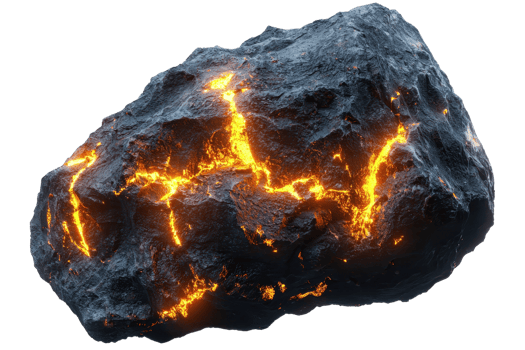 A volcanic rock with glowing lava cracks, showcasing a rough texture and dramatic color contrast between the dark surface and fiery streaks. png