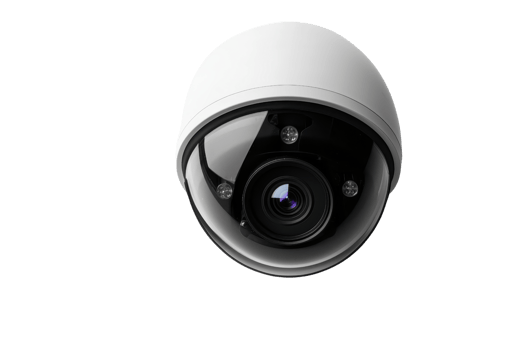 A dome security camera with a sleek white exterior and a prominent lens, designed for surveillance purposes. png
