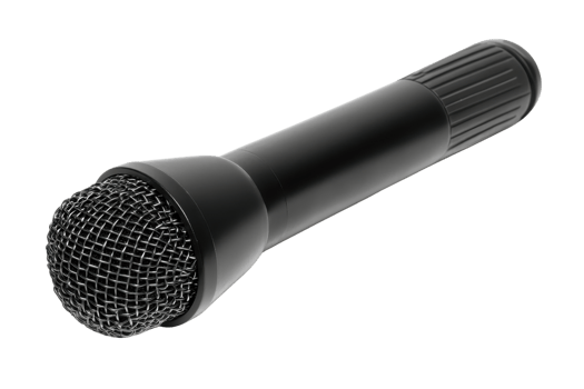 A black handheld microphone with a textured grip and mesh head, designed for vocal performance and sound recording. png