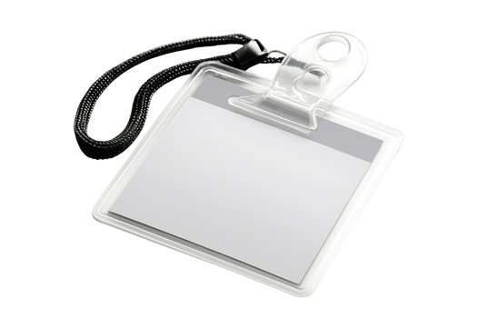 A square badge holder with a strap, designed to display identification cards securely. png