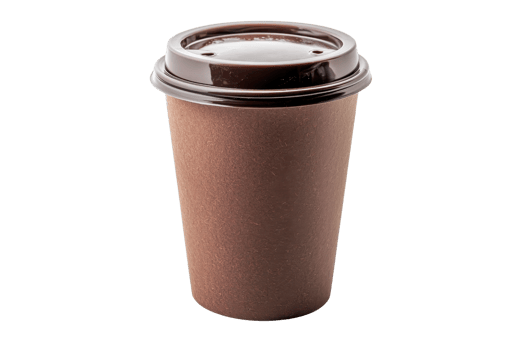 A simple, brown coffee cup with a dark lid, designed for holding hot beverages. png