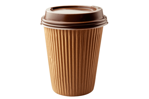 A takeaway coffee cup with ribbed texture and a brown lid, designed for hot beverages. png