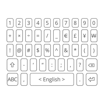Outlined virtual mobile keyboard with numbers, symbols, and currency characters vector