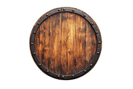 A round wooden shield with a textured surface and metal accents, showcasing a rustic appearance. png
