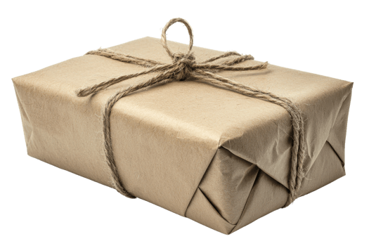 A wrapped gift box tied with twine in a rustic style. png