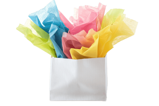 A colorful assortment of crumpled tissue paper peeking out from a white gift bag. png