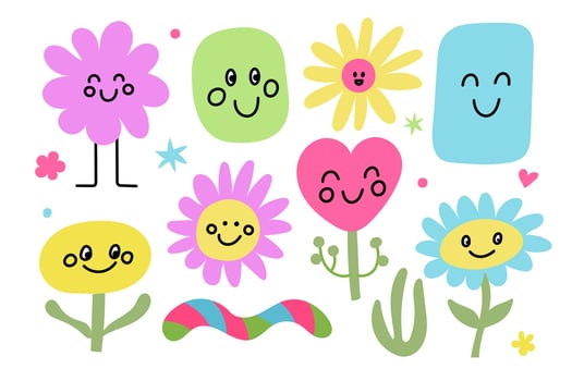 Enjoy the playful and colorful cartoon flowers along with cheerful faces, bringing joy vector