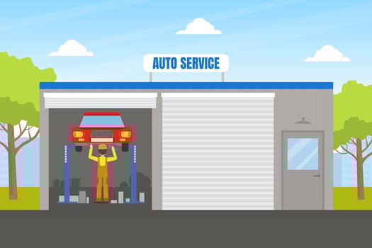 Auto Repair Service, Auto Mechanic Character in Overalls Repairing Car Lifted on Hoist Illustration vector