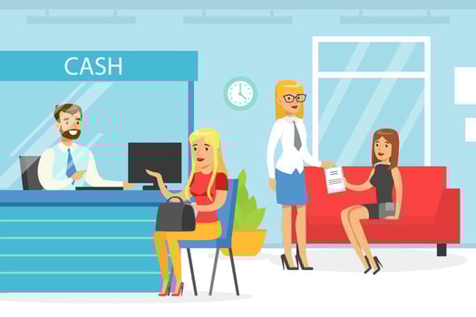 Bank Manager Servicing Female Client, Bank Interior with Cash Counter Desk and Cashier, Financial Bank Service Illustration vector